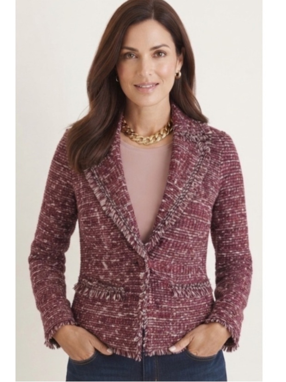 Chico's Marled Berry Knit Blazer with Fringed Trim